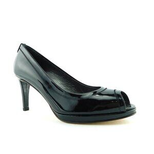 Unworn STUART WEITZMAN Black Patent Leather Peep Toe SW Logo Heel Pumps 8.5